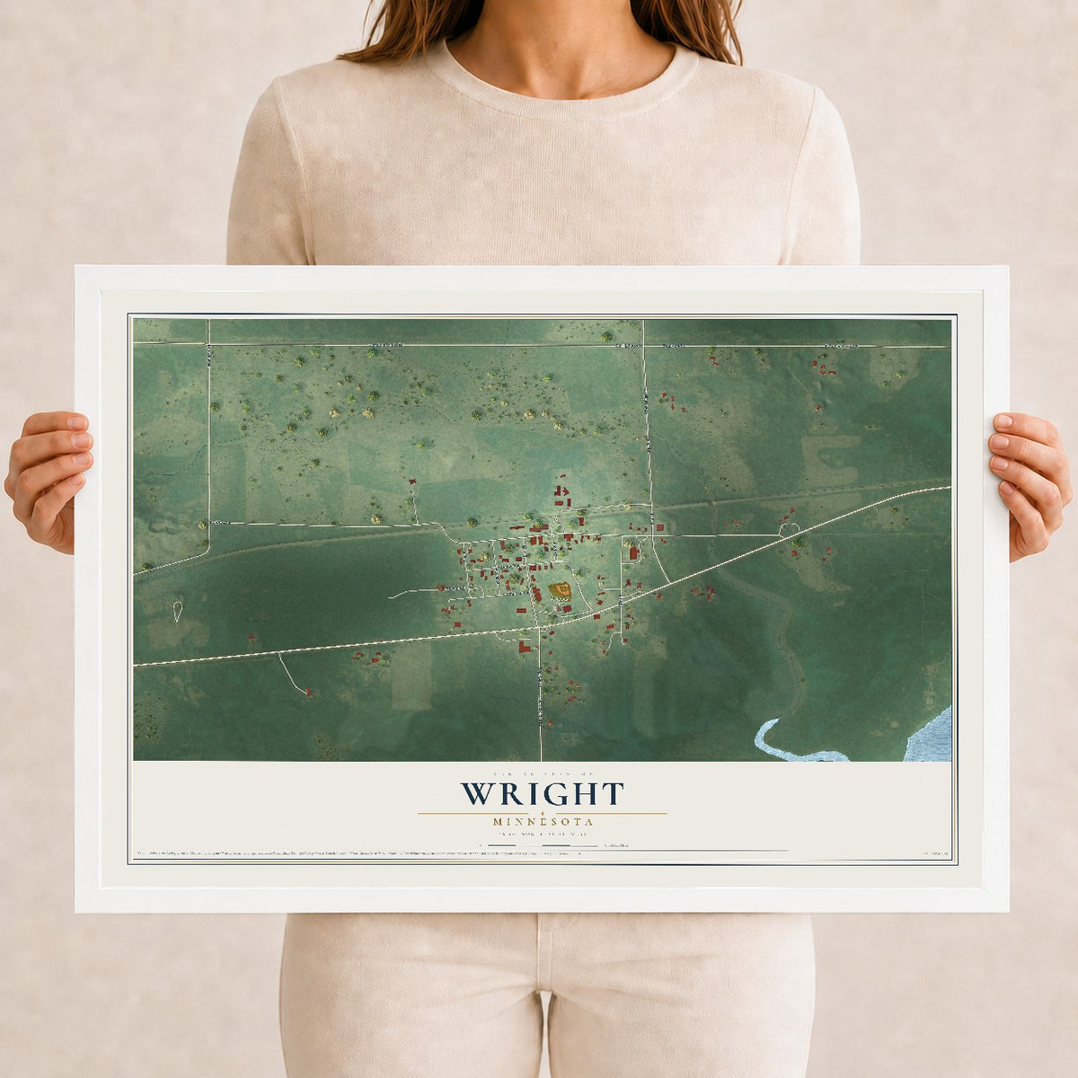 Map of Wright, Minnesota, 12 x 18 inch print in a white wood frame