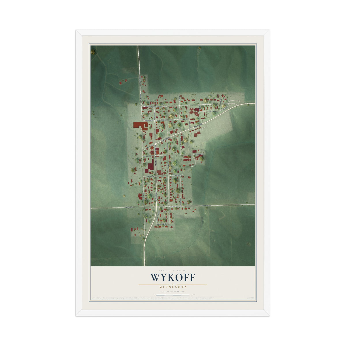 Map of Wykoff, Minnesota, 12 x 18 inch print in a white wood frame