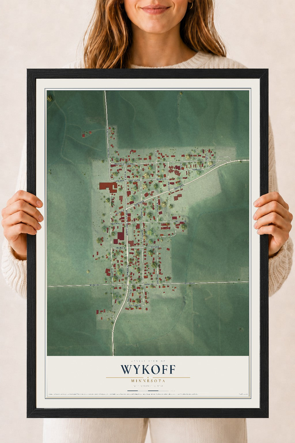 Map of Wykoff, Minnesota, 18 x 24 inch print in a black wood frame