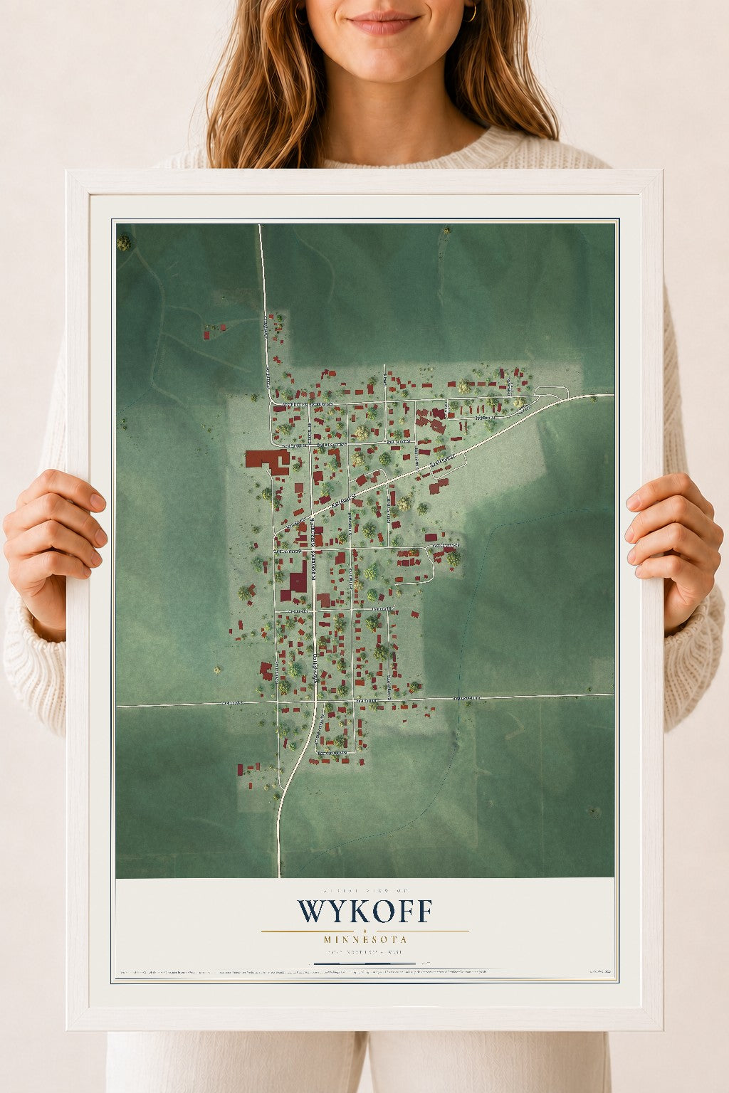 Map of Wykoff, Minnesota, 18 x 24 inch print in a white wood frame