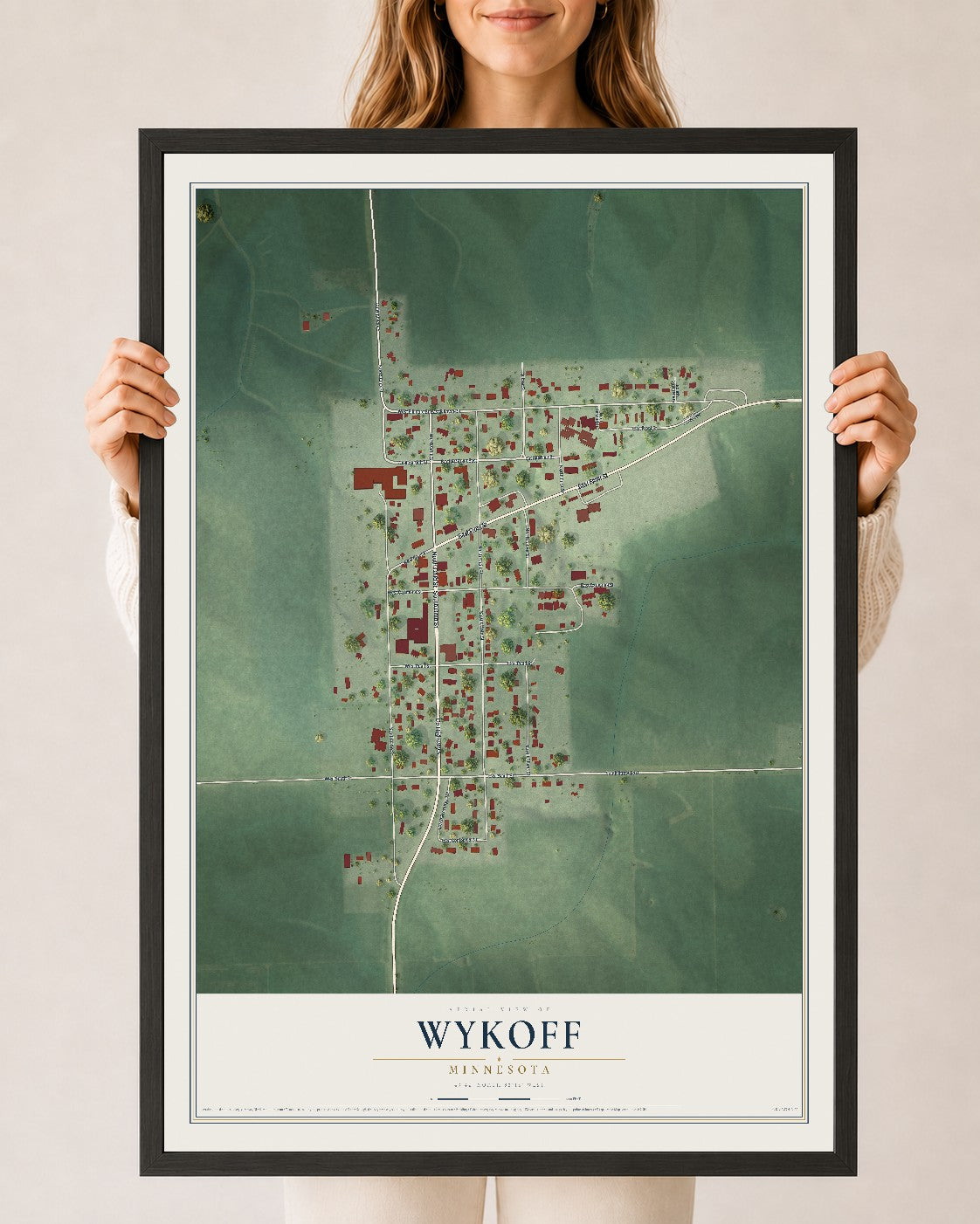Map of Wykoff, Minnesota, 24 x 36 inch print in a black wood frame