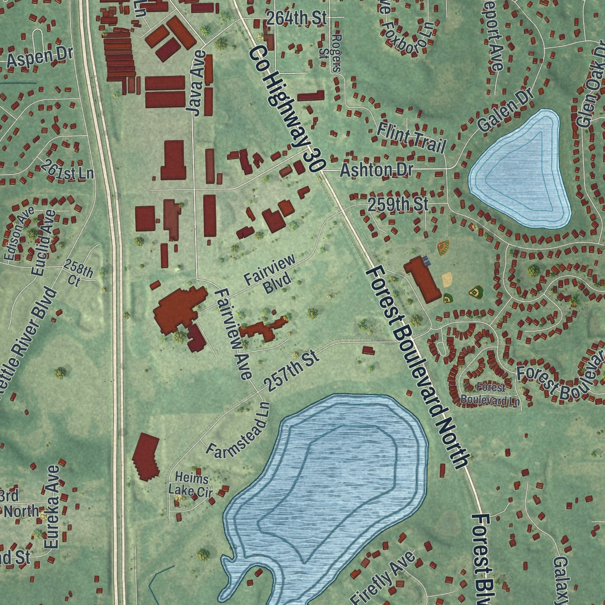 Close-up of the map of Wyoming, Minnesota print showing street and building detail