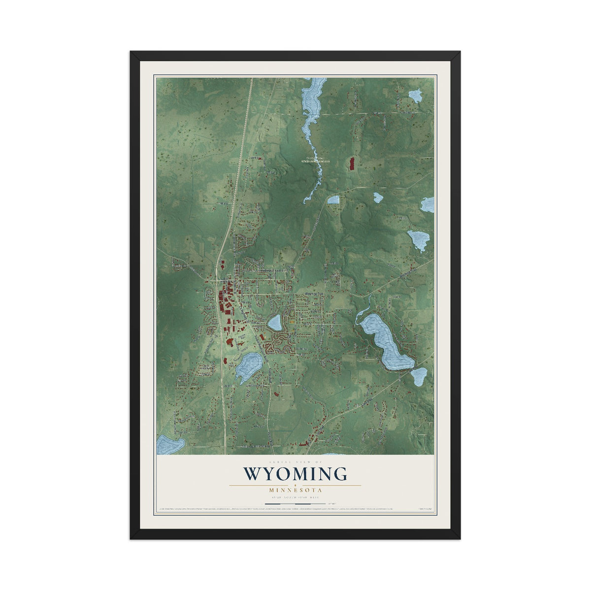 Map of Wyoming, Minnesota, 12 x 18 inch print in a black wood frame