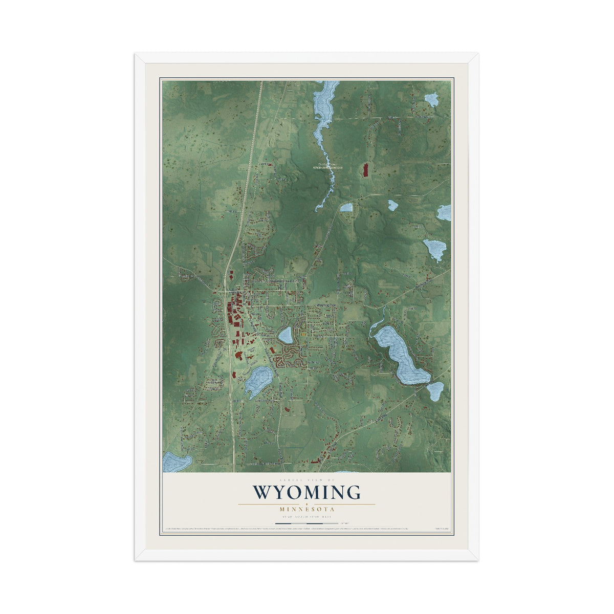 Map of Wyoming, Minnesota, 12 x 18 inch print in a white wood frame