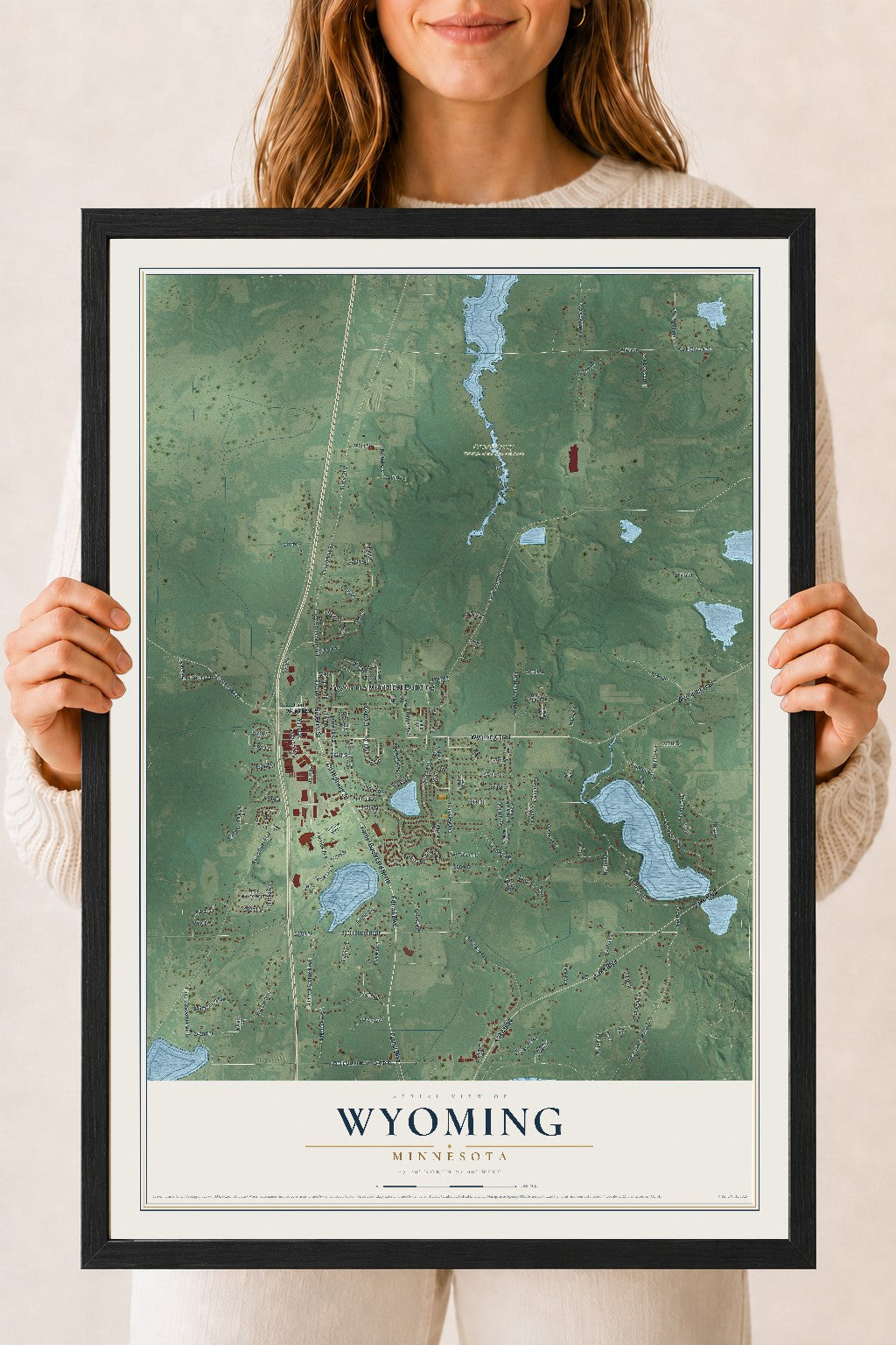 Map of Wyoming, Minnesota, 18 x 24 inch print in a black wood frame