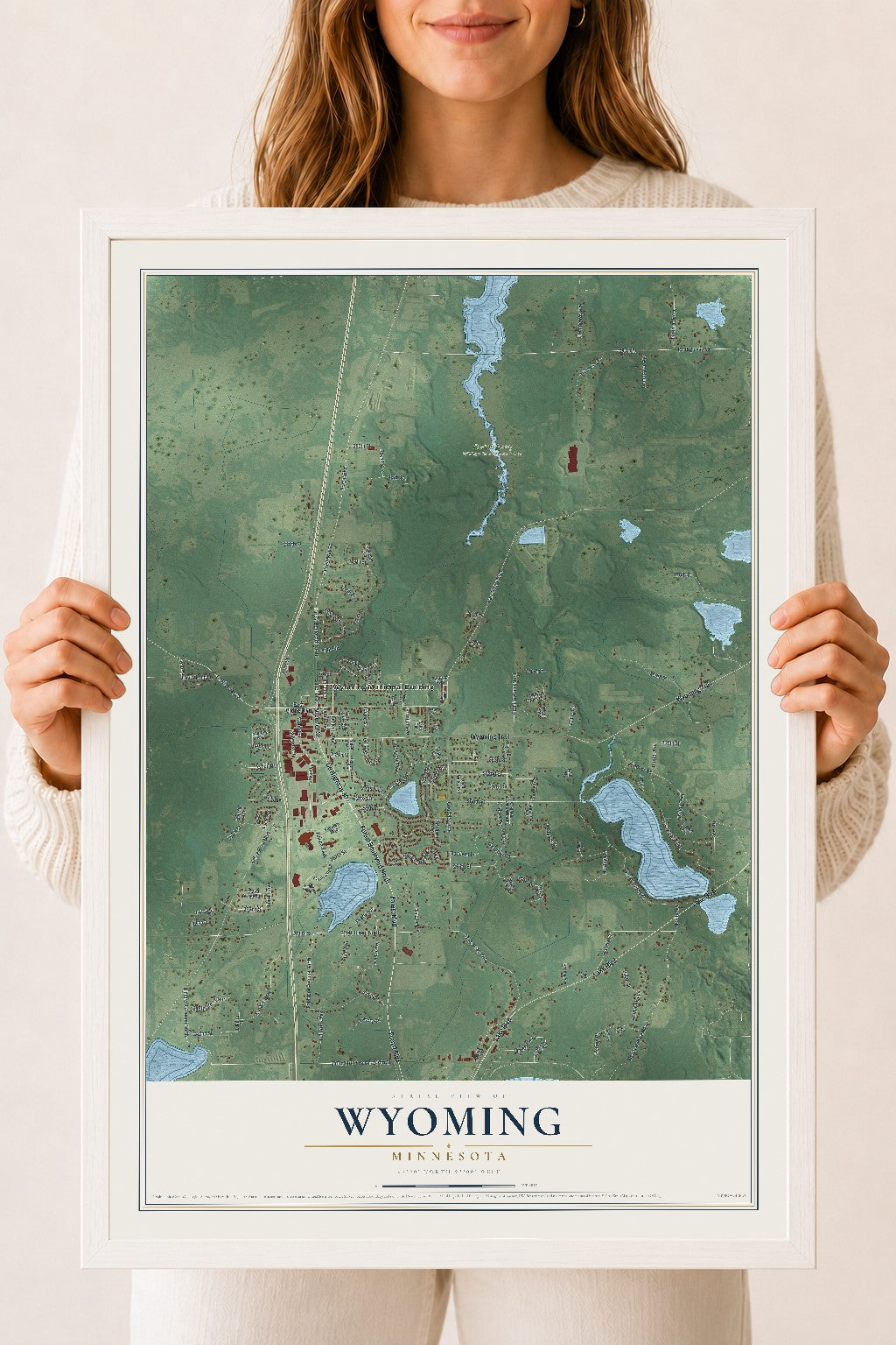 Map of Wyoming, Minnesota, 18 x 24 inch print in a white wood frame