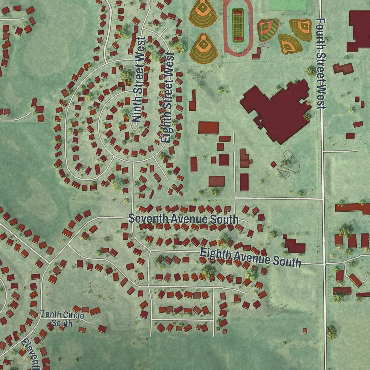 Close-up of the map of Zimmerman, Minnesota print showing street and building detail