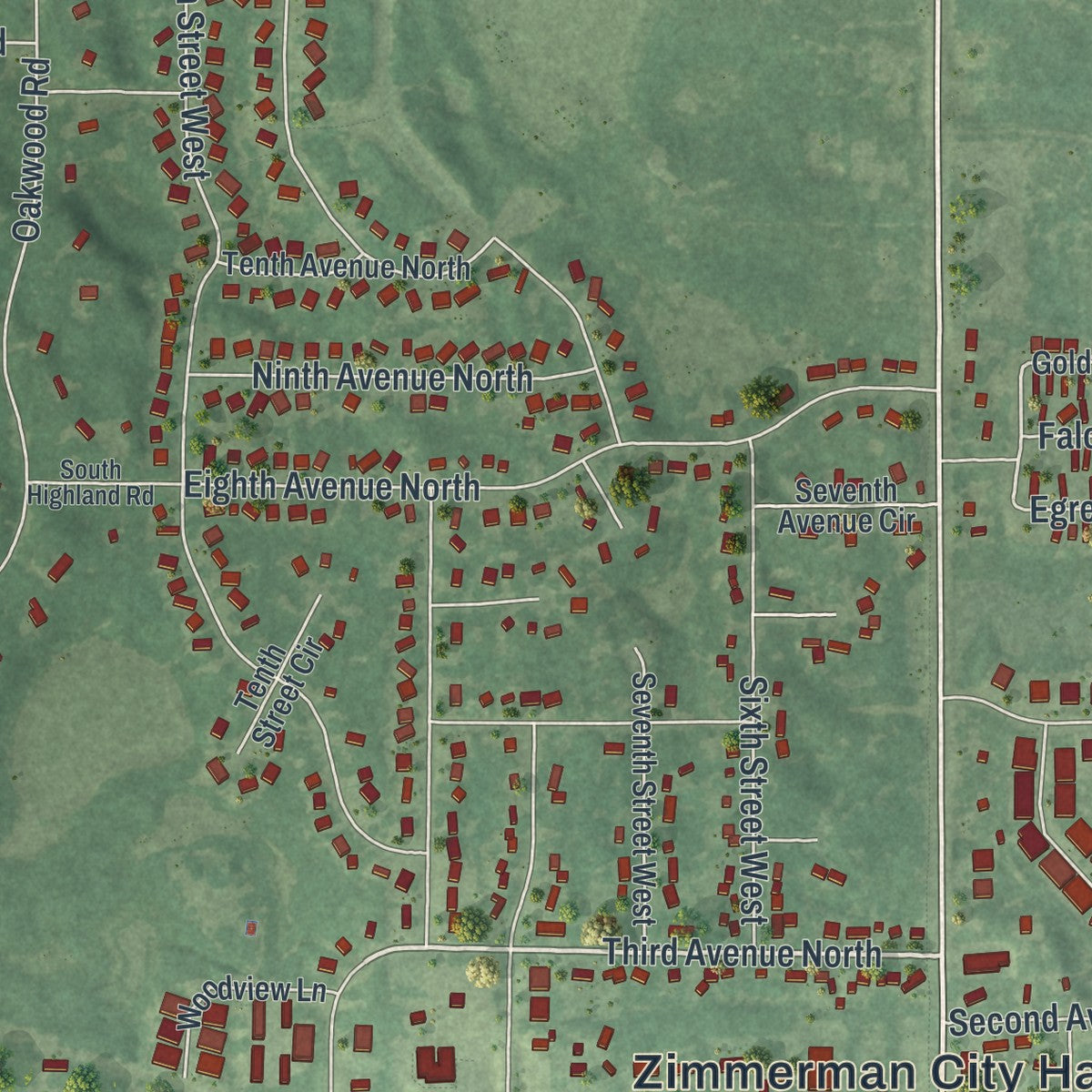 Second close-up of the map of Zimmerman, Minnesota print showing more streets and buildings