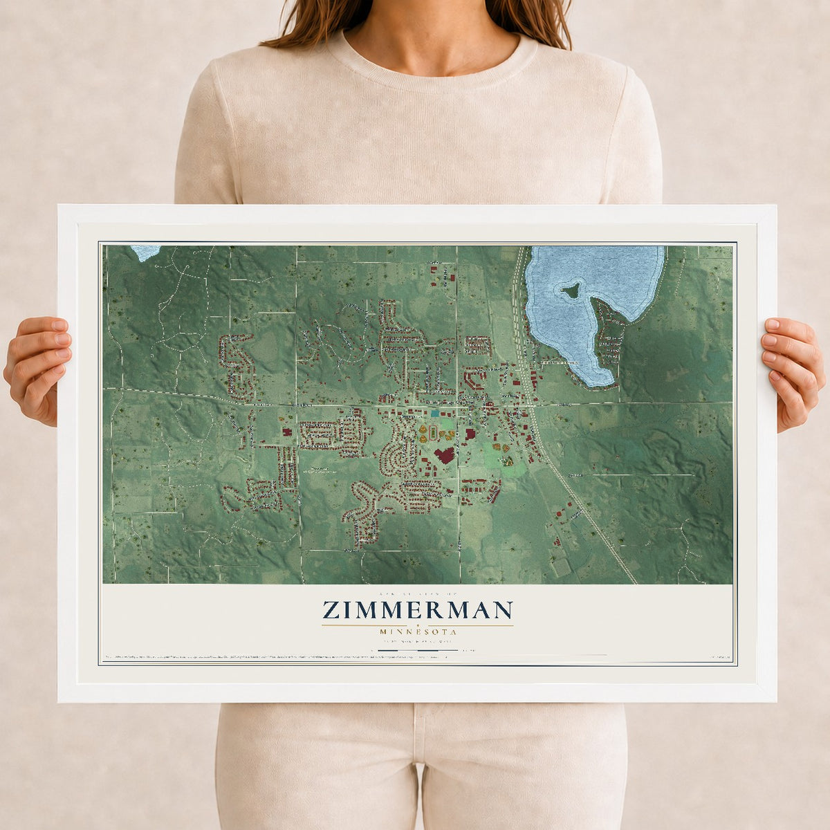Map of Zimmerman, Minnesota, 12 x 18 inch print in a white wood frame