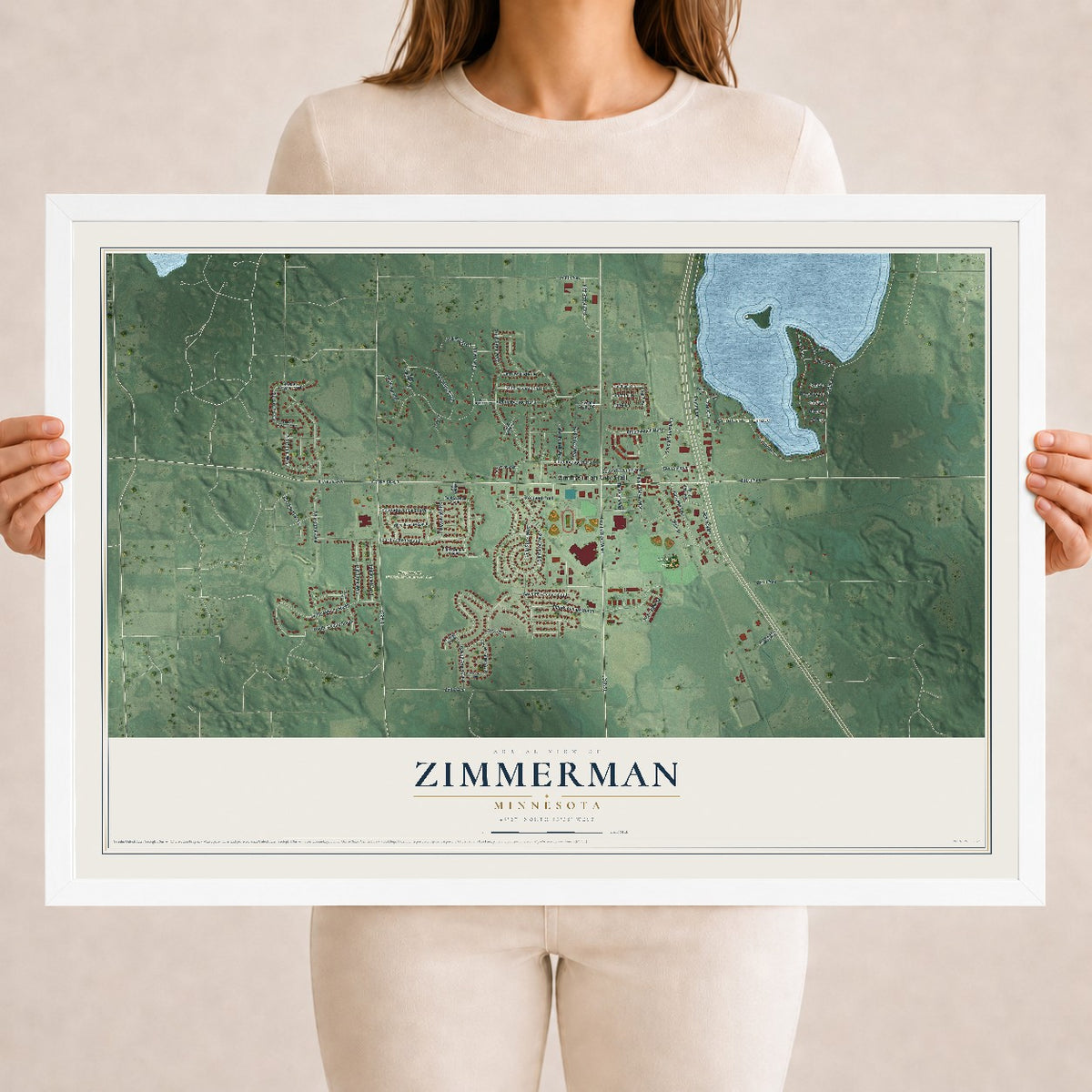 Map of Zimmerman, Minnesota, 18 x 24 inch print in a white wood frame