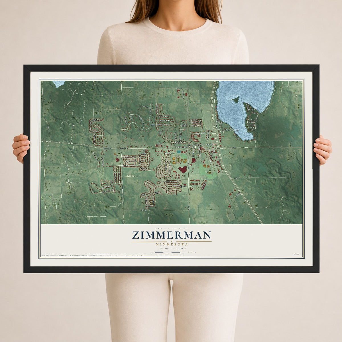 Map of Zimmerman, Minnesota, 24 x 36 inch print in a black wood frame