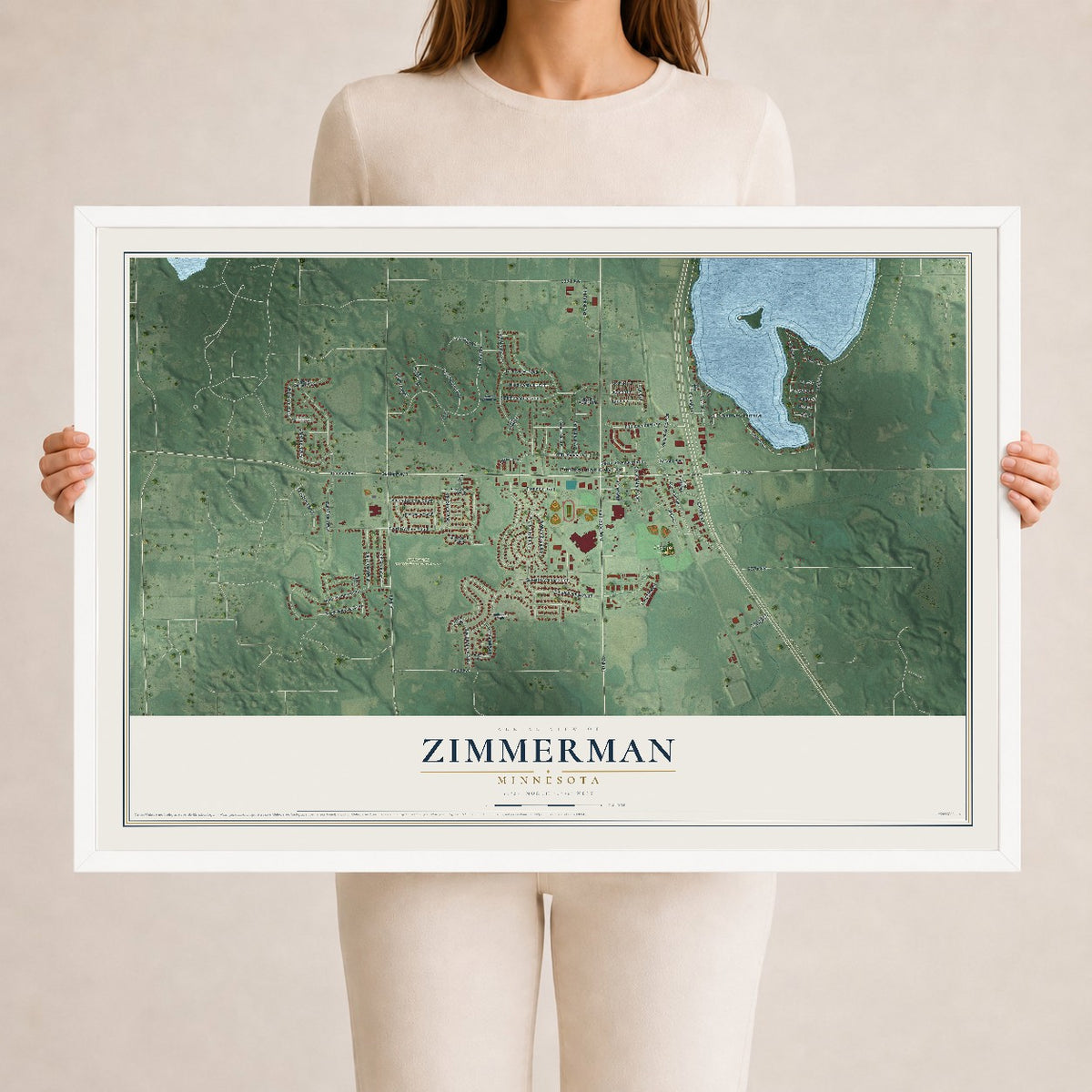 Map of Zimmerman, Minnesota, 24 x 36 inch print in a white wood frame