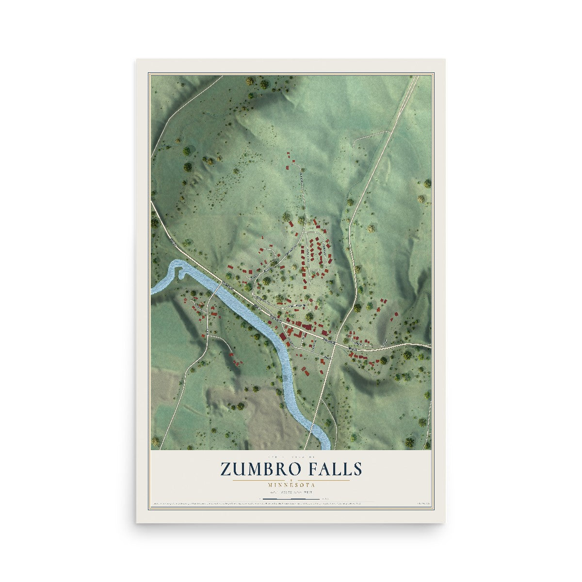 Map of Zumbro Falls, Minnesota, 12 x 18 inch unframed archival matte print