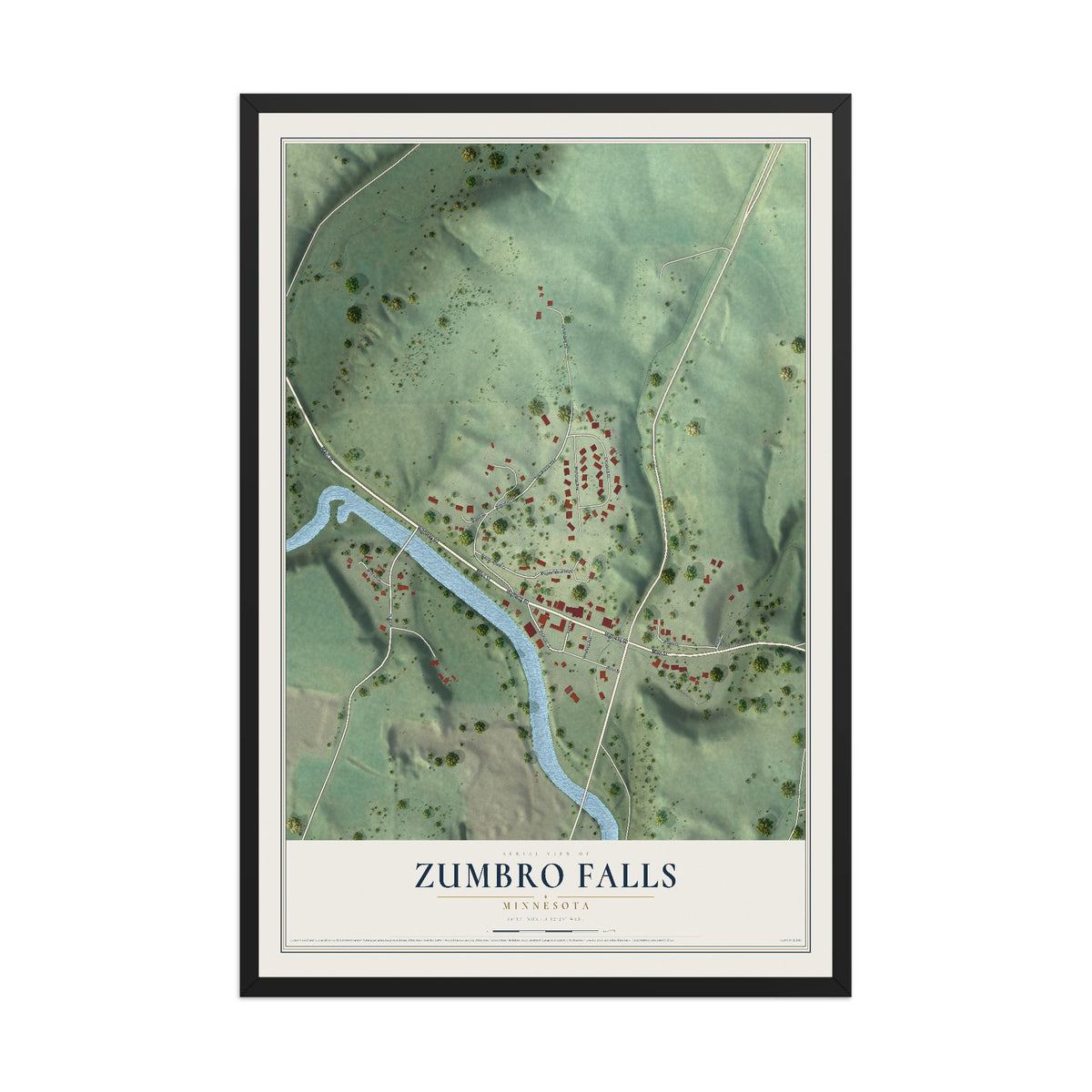 Map of Zumbro Falls, Minnesota, 12 x 18 inch print in a black wood frame