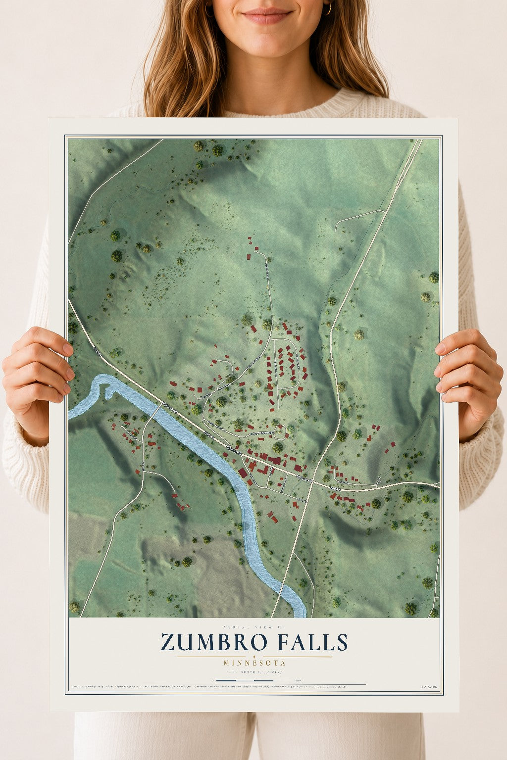 Map of Zumbro Falls, Minnesota, 18 x 24 inch unframed archival matte print