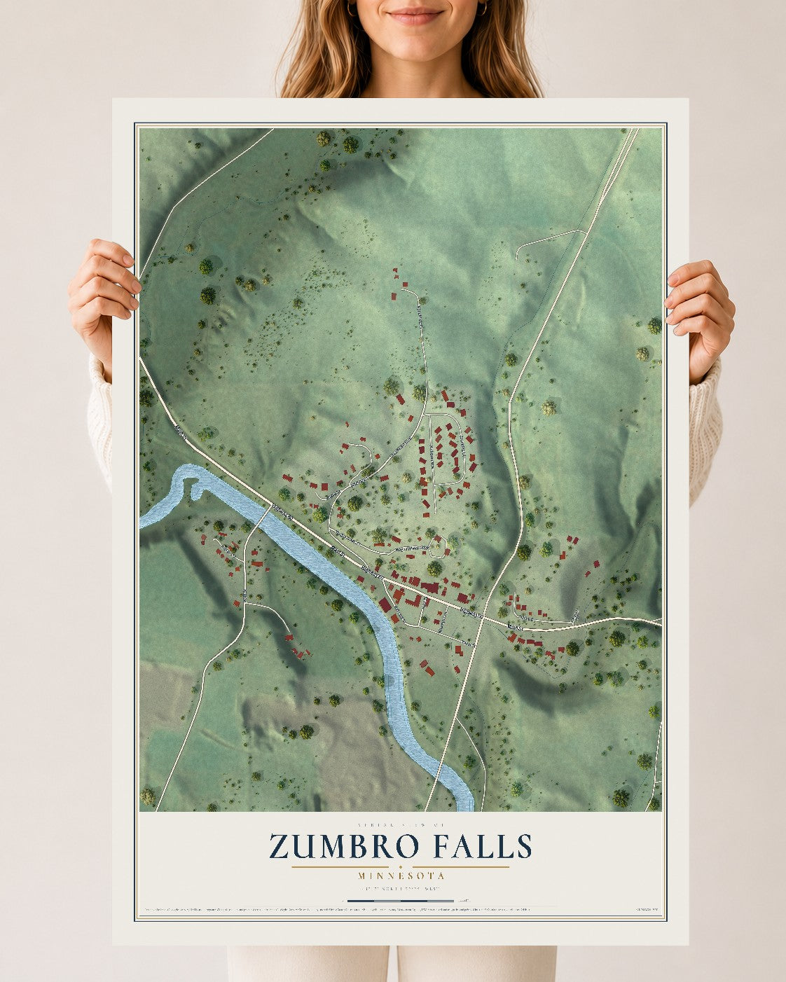 Map of Zumbro Falls, Minnesota, 24 x 36 inch unframed archival matte print