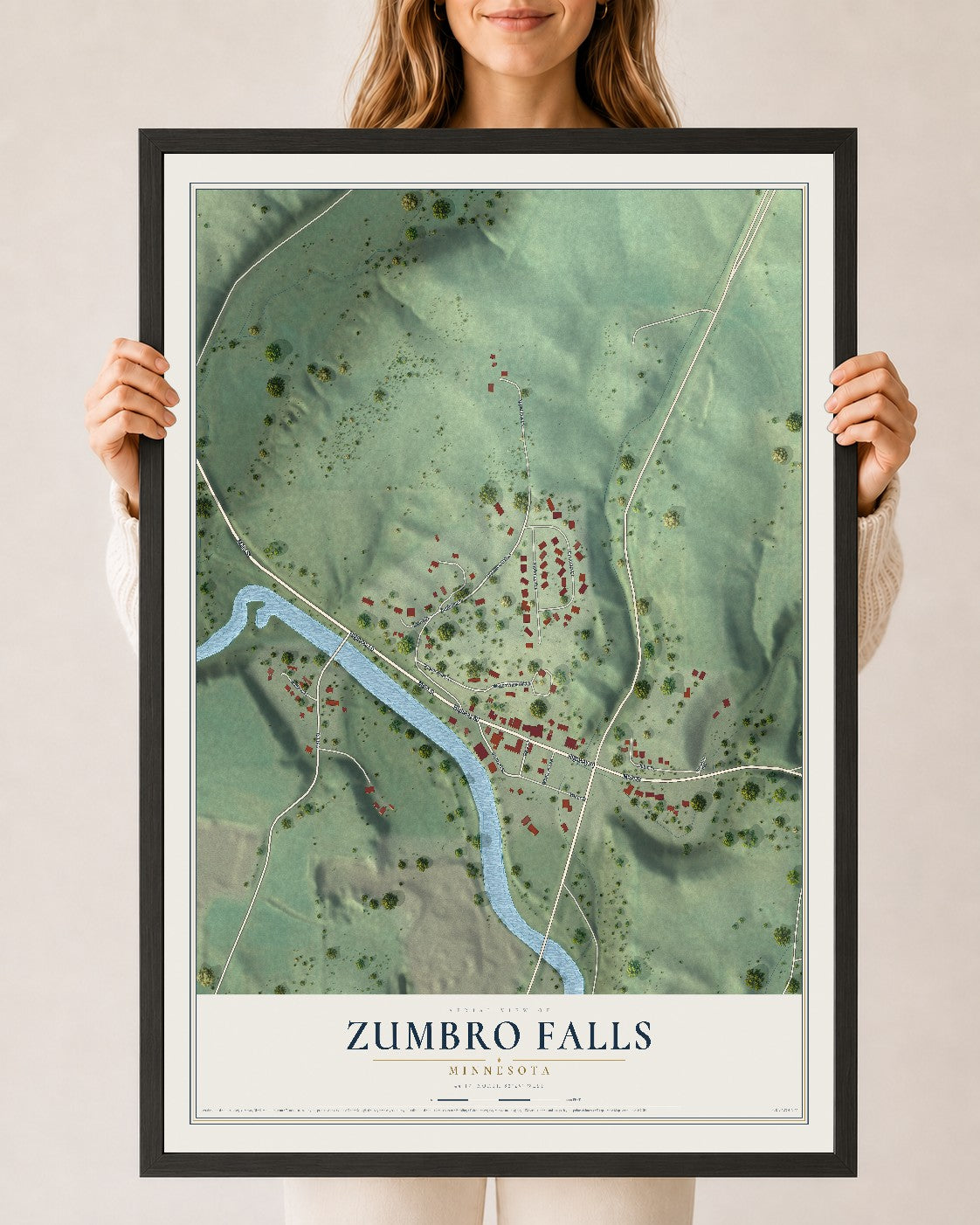 Map of Zumbro Falls, Minnesota, 24 x 36 inch print in a black wood frame