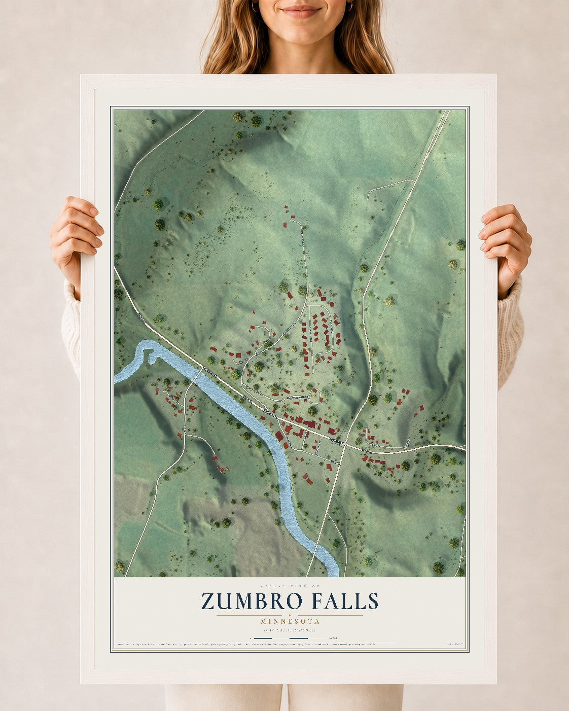Map of Zumbro Falls, Minnesota, 24 x 36 inch print in a white wood frame