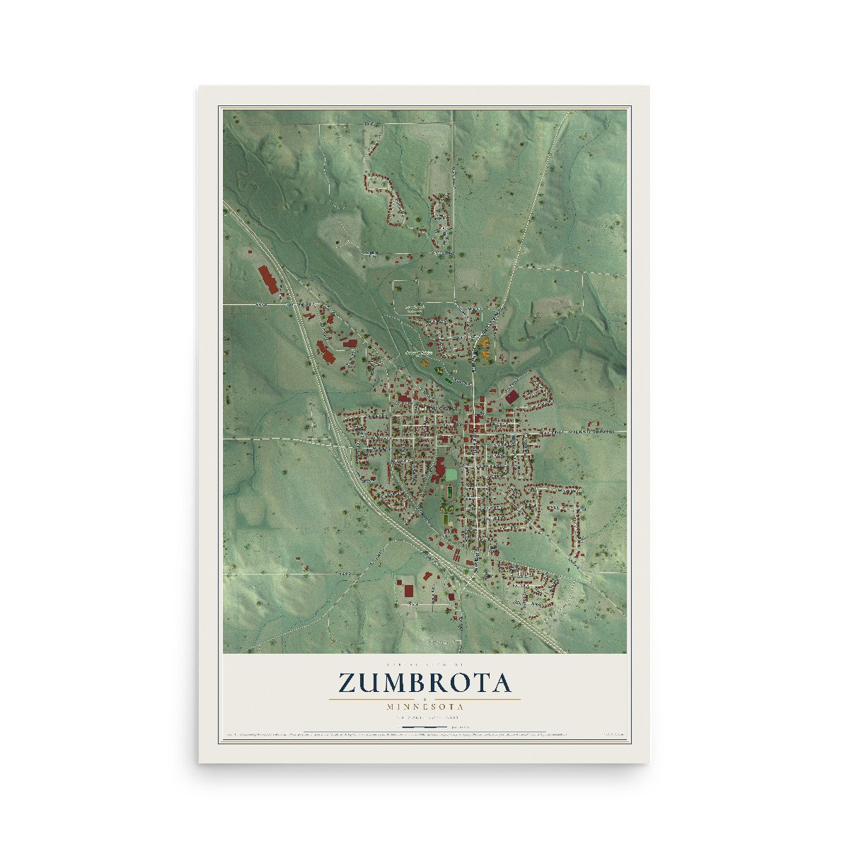Map of Zumbrota, Minnesota, 12 x 18 inch unframed archival matte print