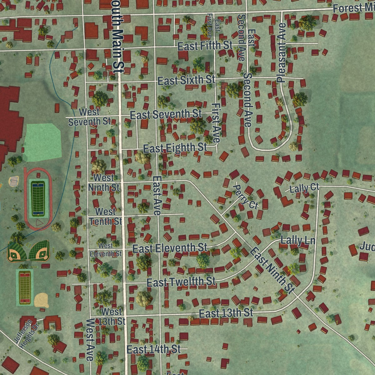 Close-up of the map of Zumbrota, Minnesota print showing street and building detail