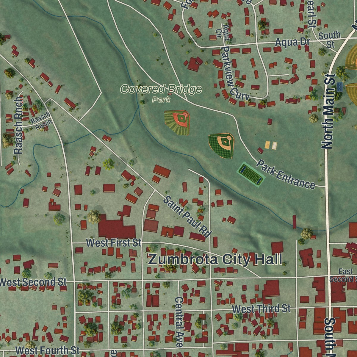 Second close-up of the map of Zumbrota, Minnesota print showing more streets and buildings