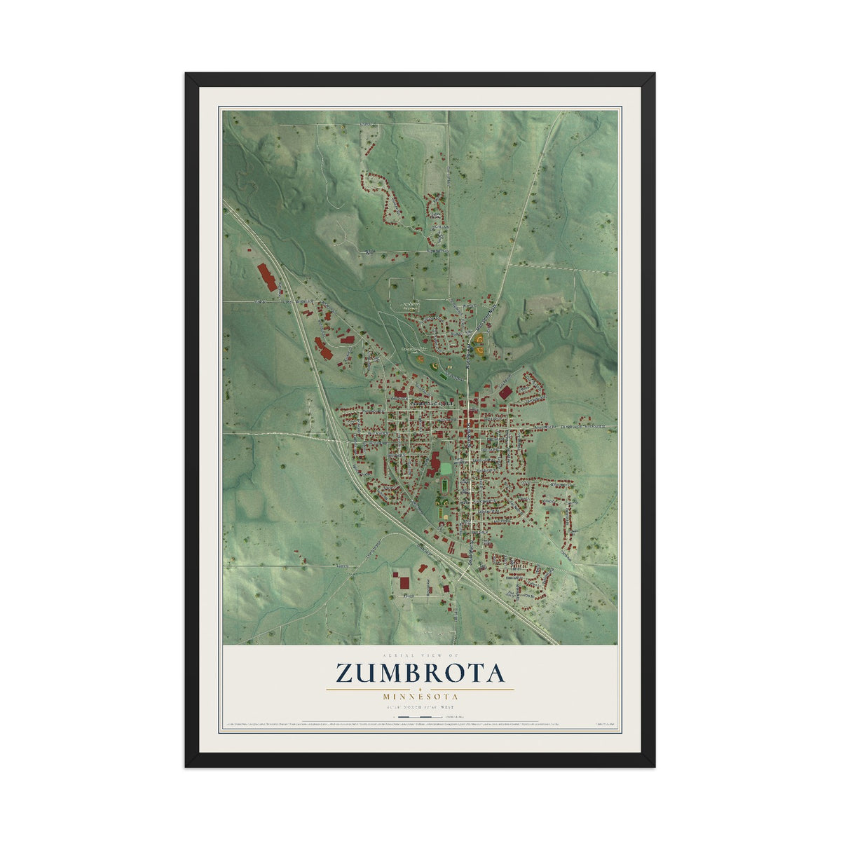 Map of Zumbrota, Minnesota, 12 x 18 inch print in a black wood frame