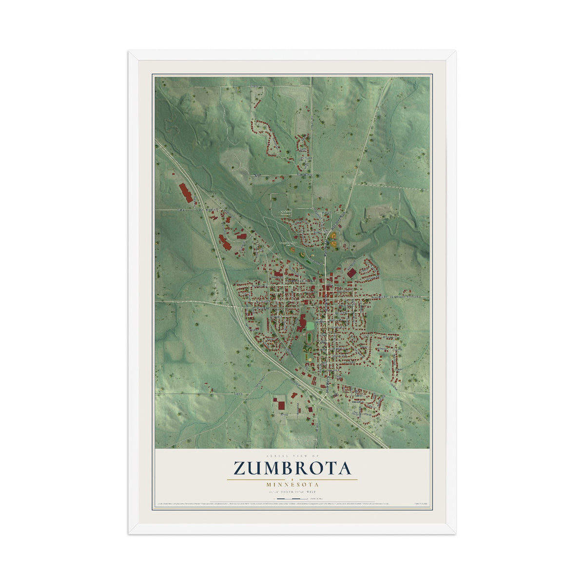 Map of Zumbrota, Minnesota, 12 x 18 inch print in a white wood frame