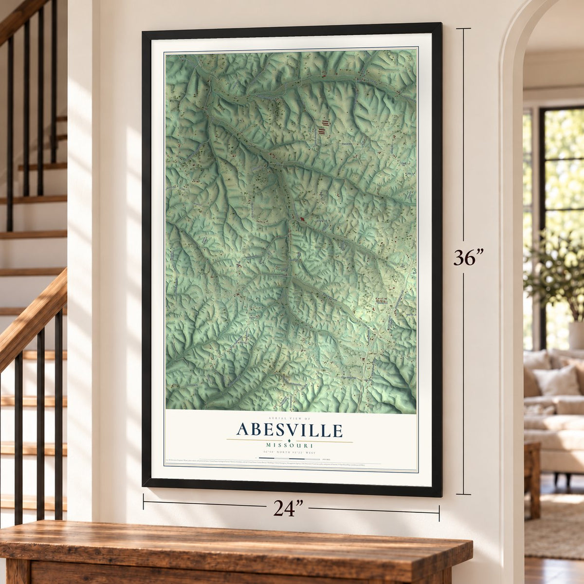 Abesville, Missouri map, 24 x 36 inch print in a black frame by a staircase