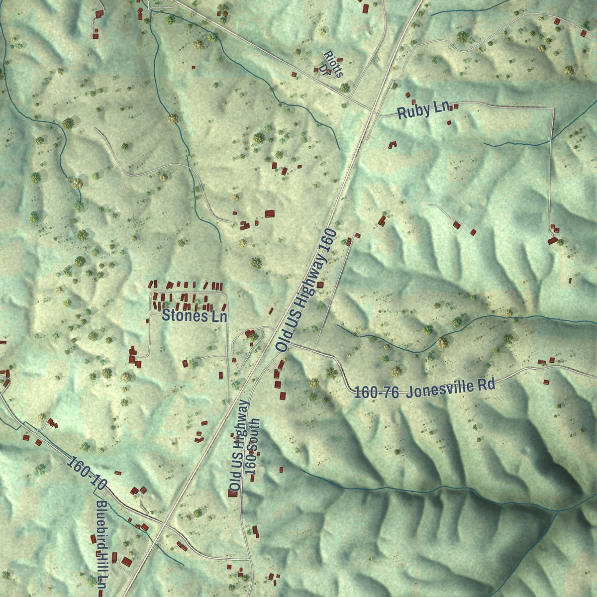 Close-up of the map of Abesville, Missouri print showing street and building detail