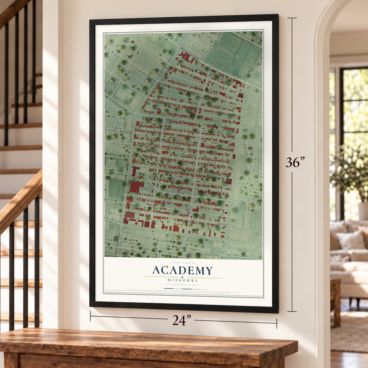 Academy, Missouri map, 24 x 36 inch print in a black frame by a staircase