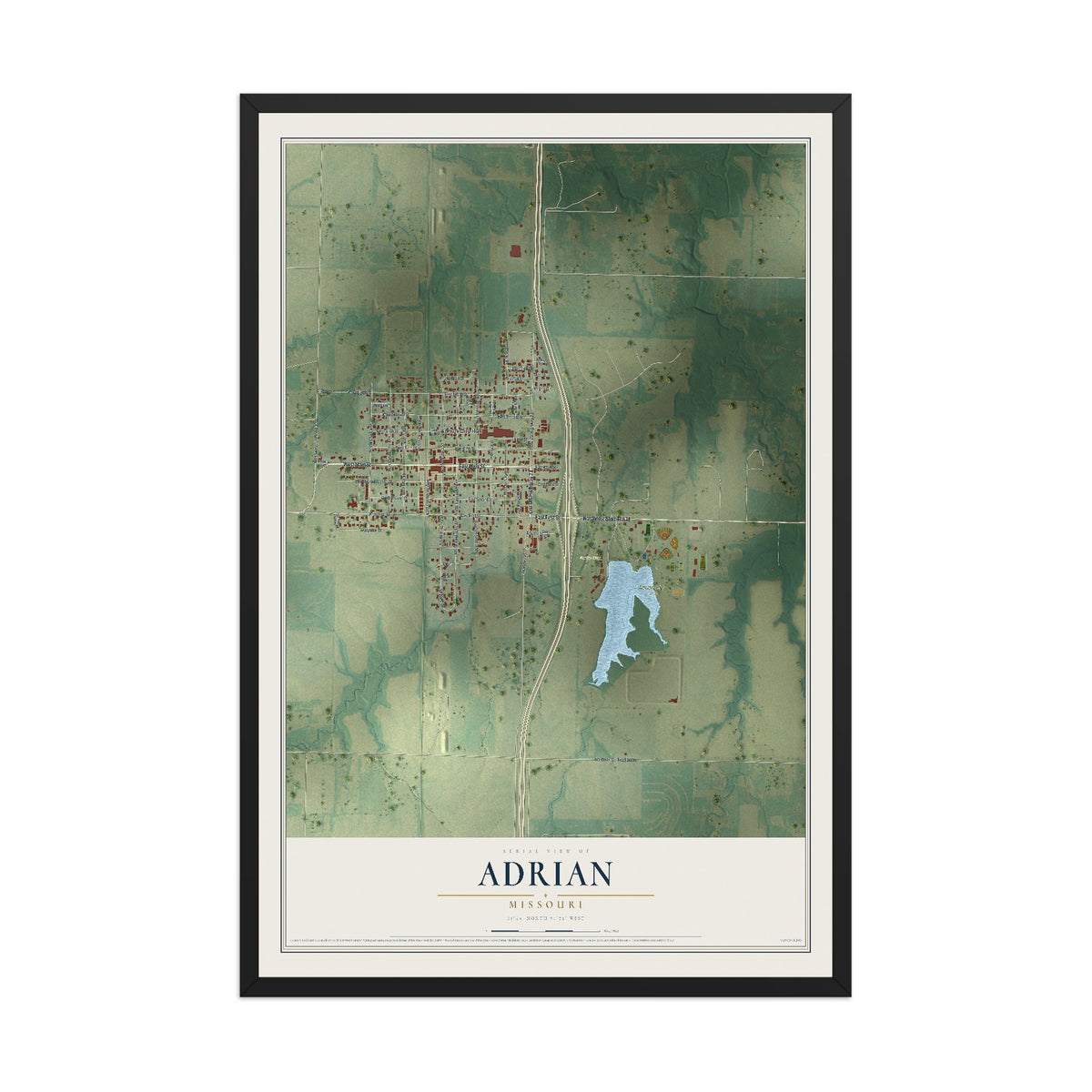 Map of Adrian, Missouri, 12 x 18 inch print in a black wood frame