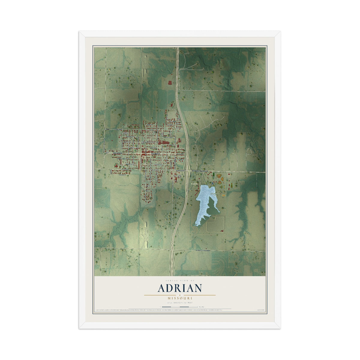 Map of Adrian, Missouri, 12 x 18 inch print in a white wood frame