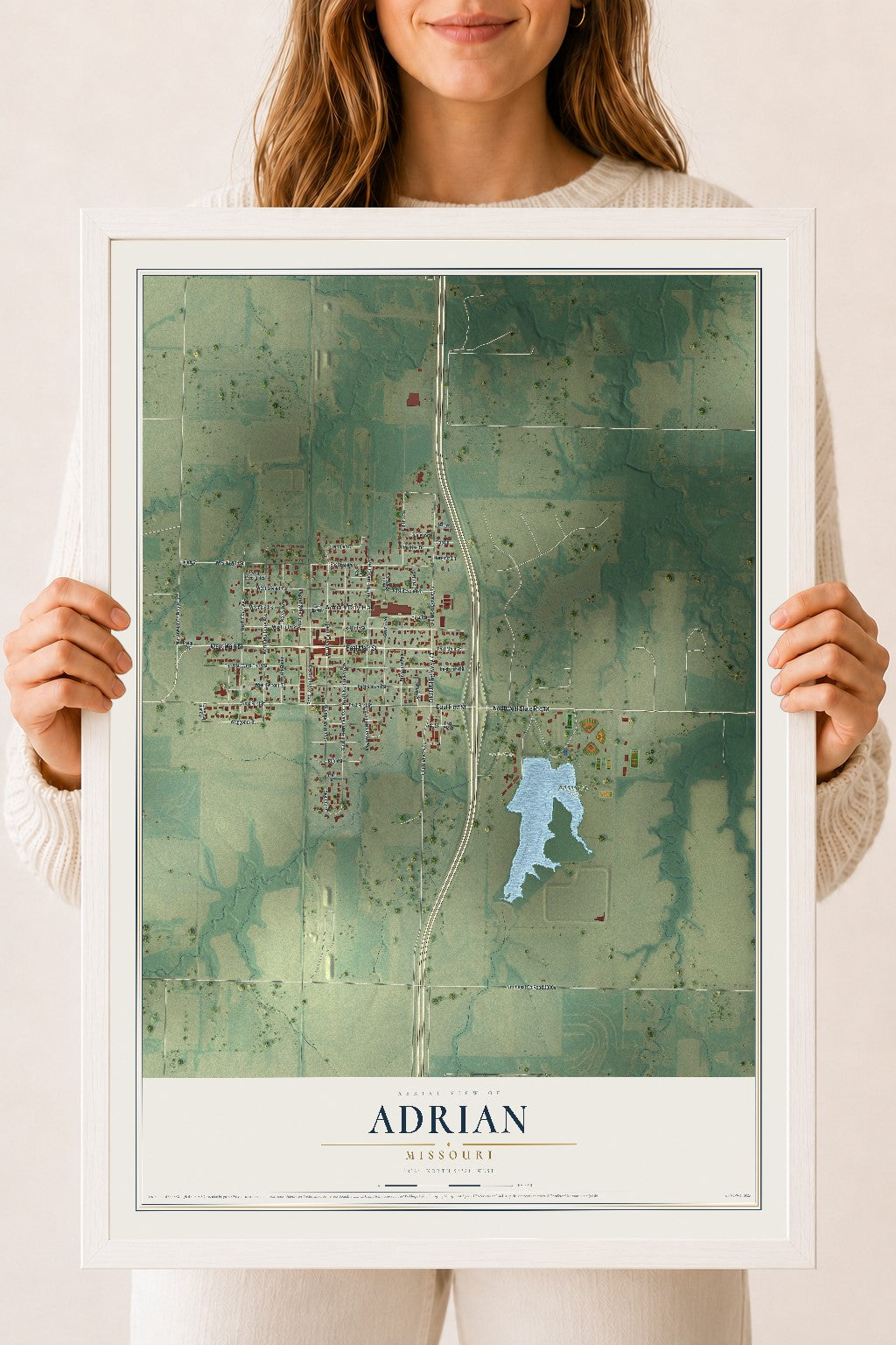 Map of Adrian, Missouri, 18 x 24 inch print in a white wood frame