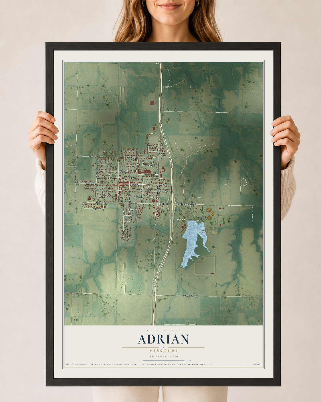 Map of Adrian, Missouri, 24 x 36 inch print in a black wood frame