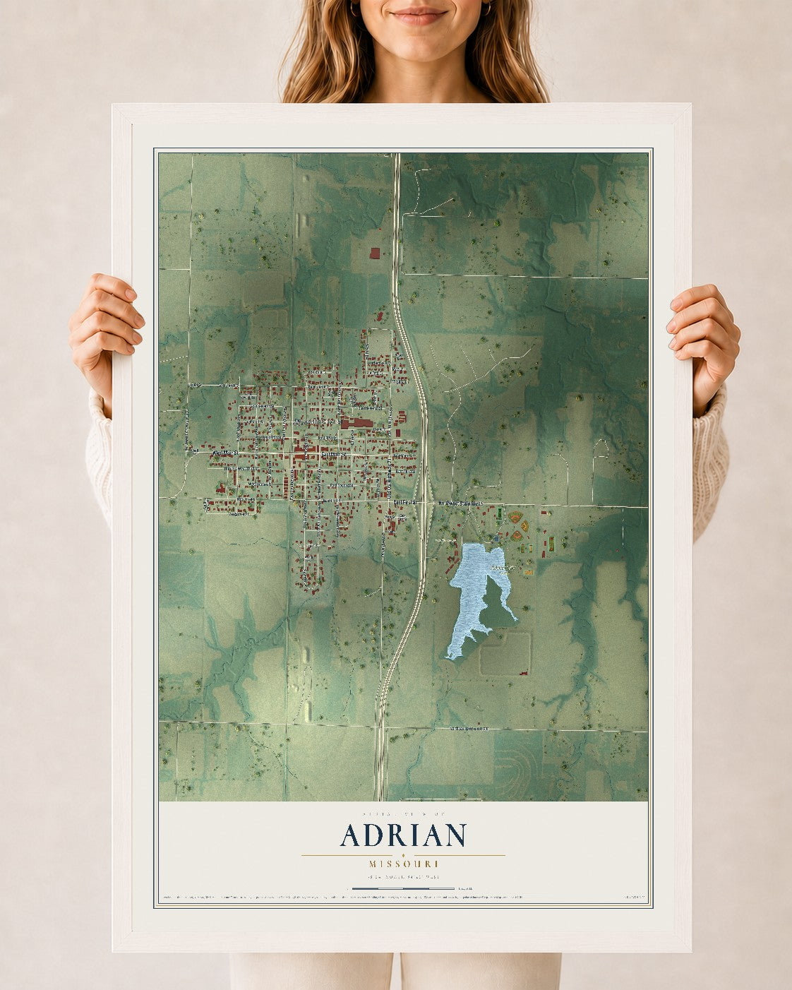 Map of Adrian, Missouri, 24 x 36 inch print in a white wood frame