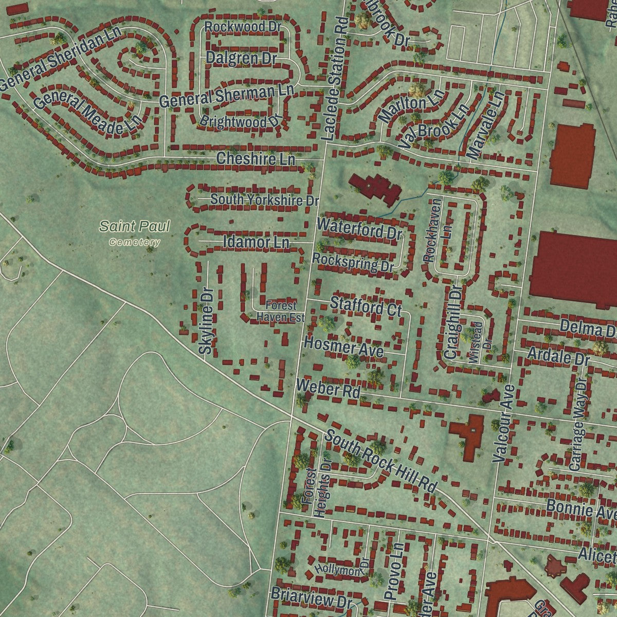 Second close-up of the map of Affton, Missouri print showing more streets and buildings
