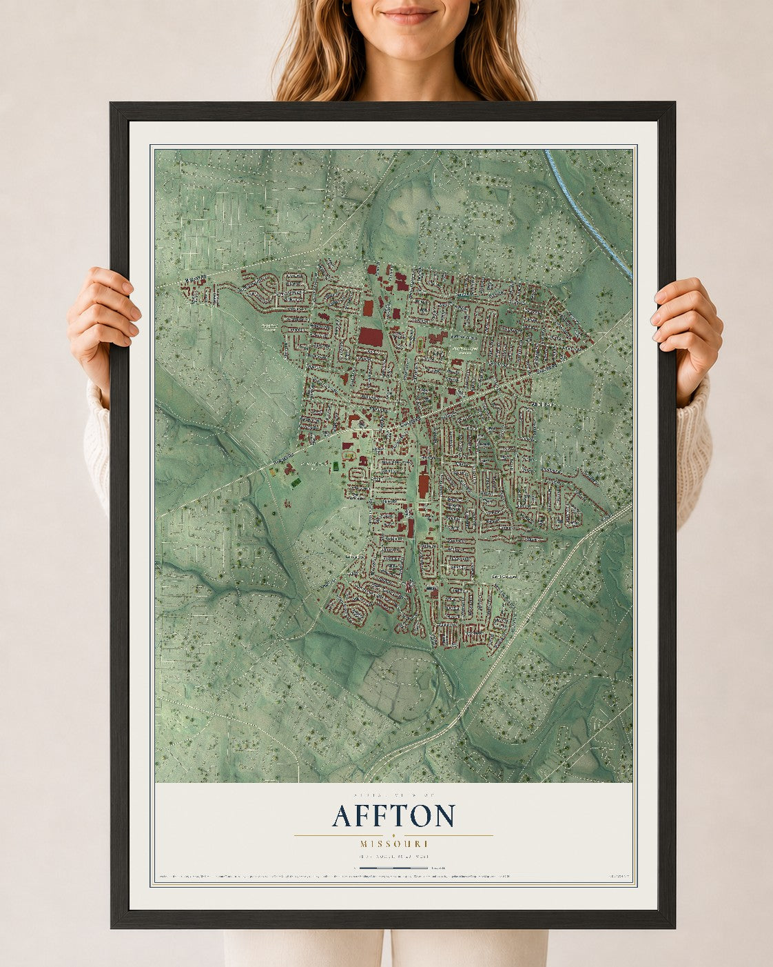 Map of Affton, Missouri, 24 x 36 inch print in a black wood frame