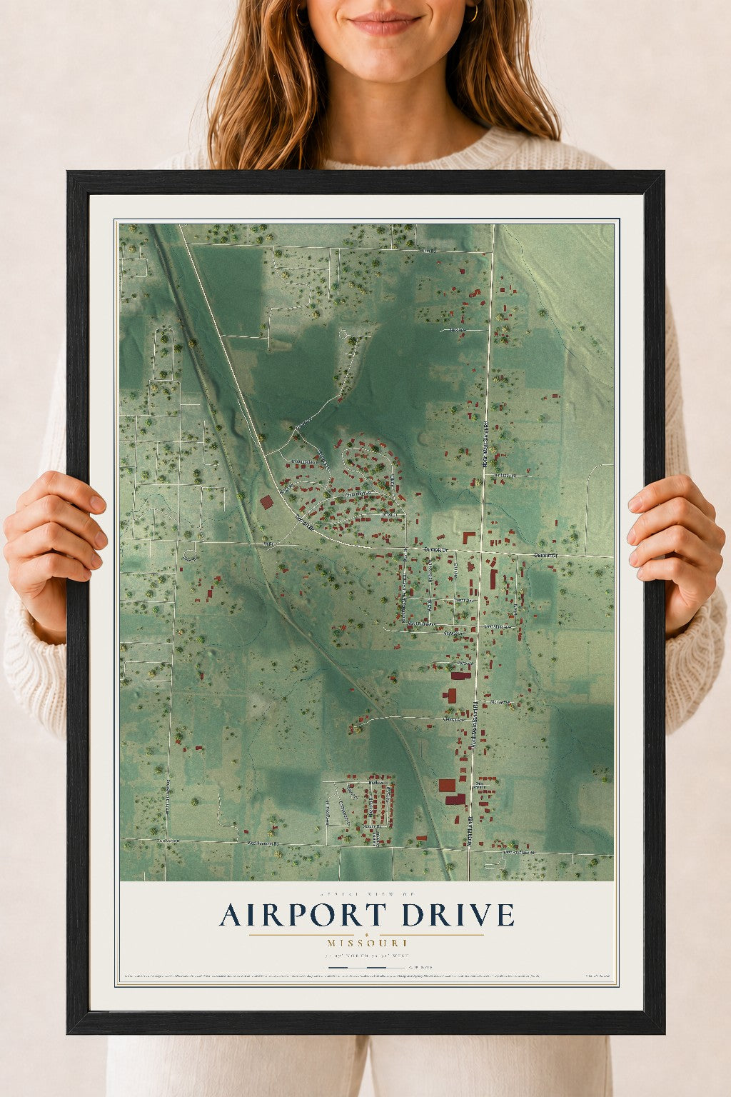 Map of Airport Drive, Missouri, 18 x 24 inch print in a black wood frame