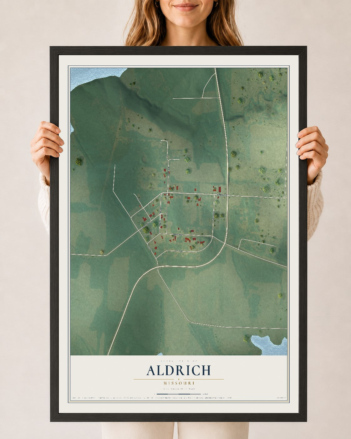 Map of Aldrich, Missouri, 24 x 36 inch print in a black wood frame