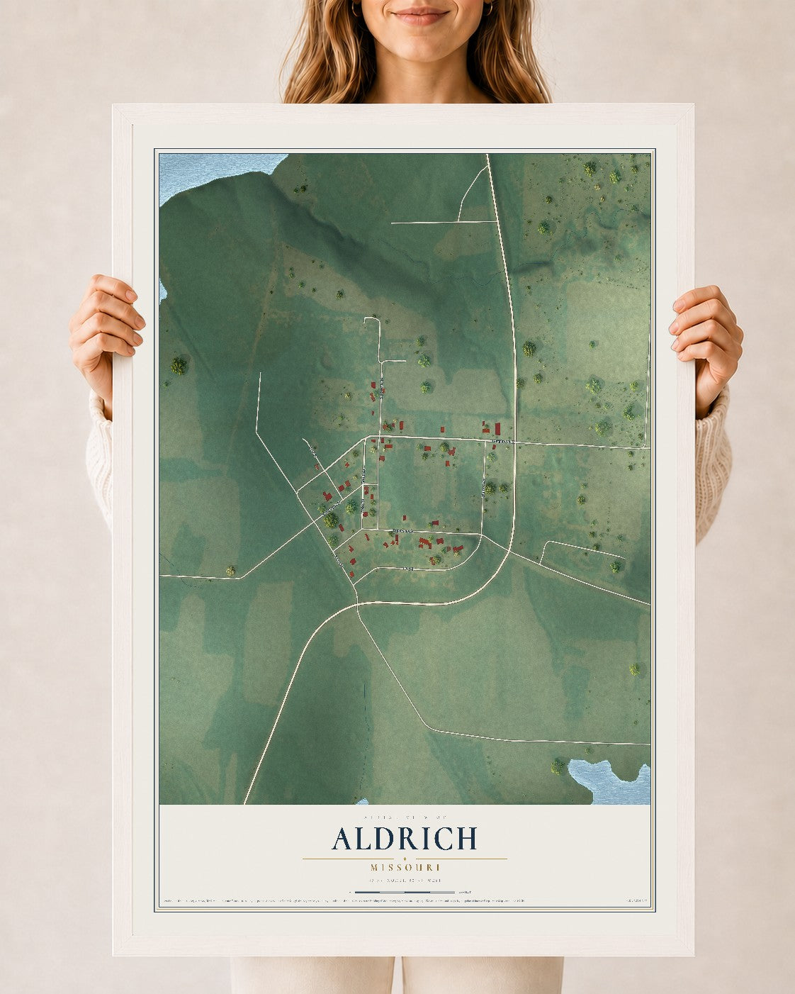 Map of Aldrich, Missouri, 24 x 36 inch print in a white wood frame