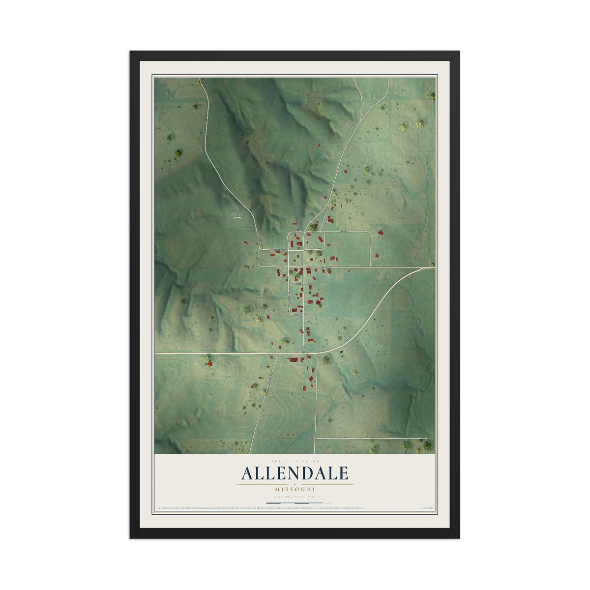 Map of Allendale, Missouri, 12 x 18 inch print in a black wood frame