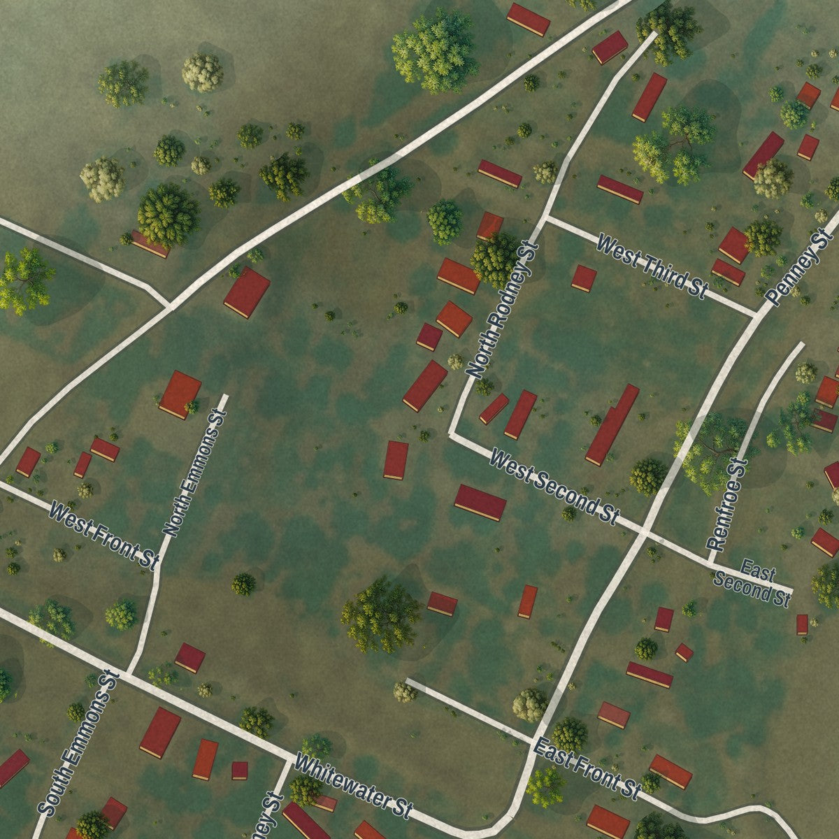 Close-up of the map of Allenville, Missouri print showing street and building detail