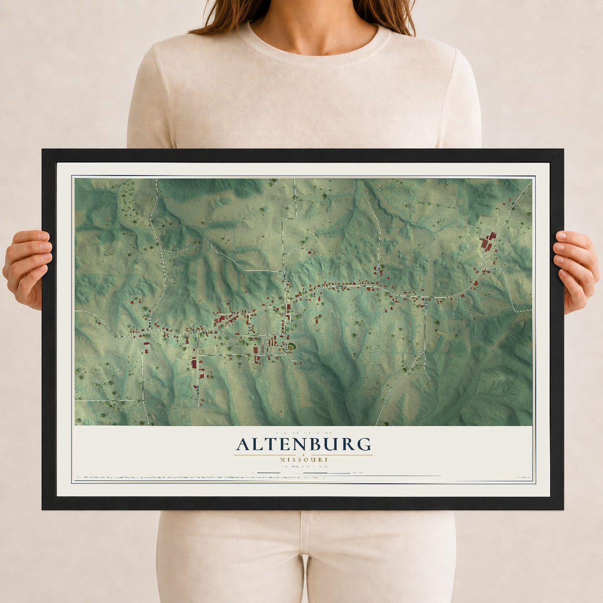 Map of Altenburg, Missouri, 12 x 18 inch print in a black wood frame