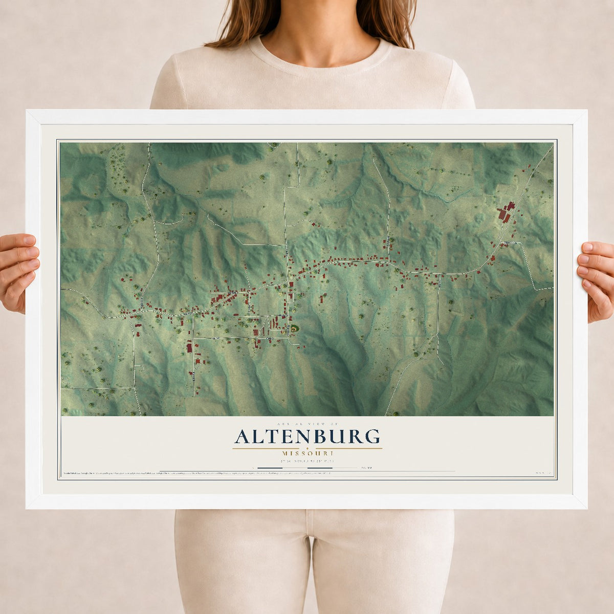 Map of Altenburg, Missouri, 18 x 24 inch print in a white wood frame