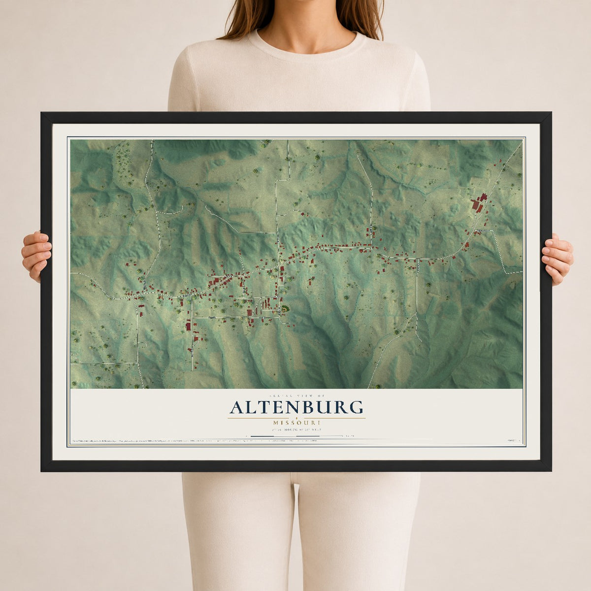 Map of Altenburg, Missouri, 24 x 36 inch print in a black wood frame