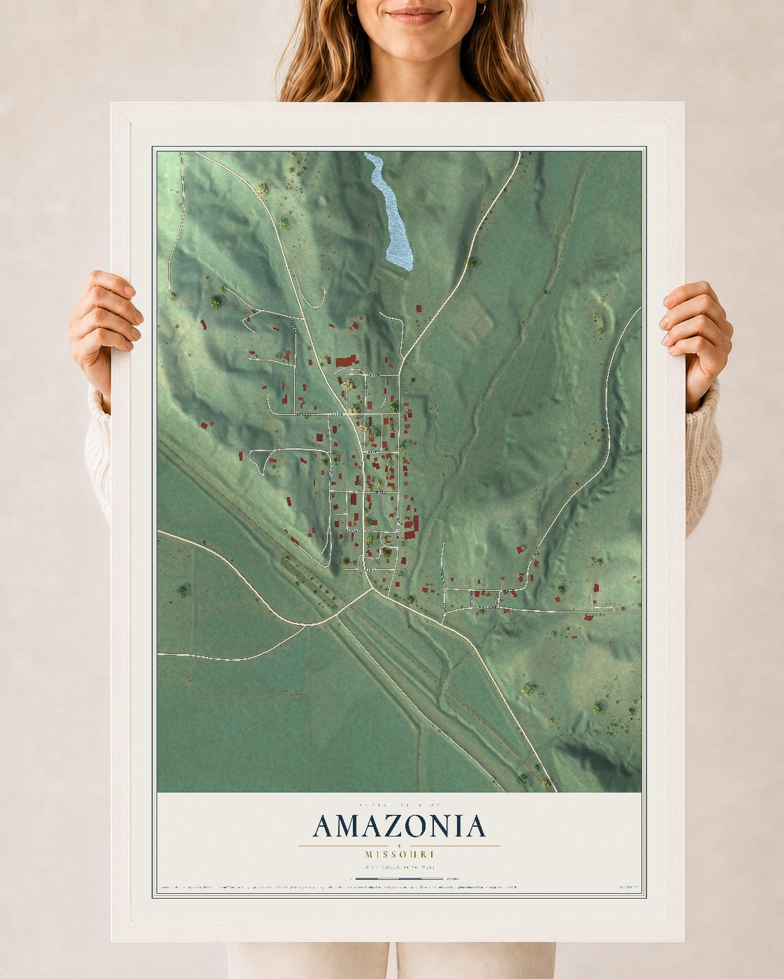 Map of Amazonia, Missouri, 24 x 36 inch print in a white wood frame