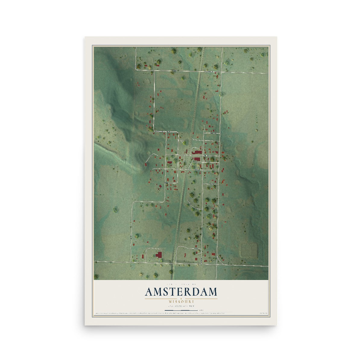 Map of Amsterdam, Missouri, 12 x 18 inch unframed archival matte print