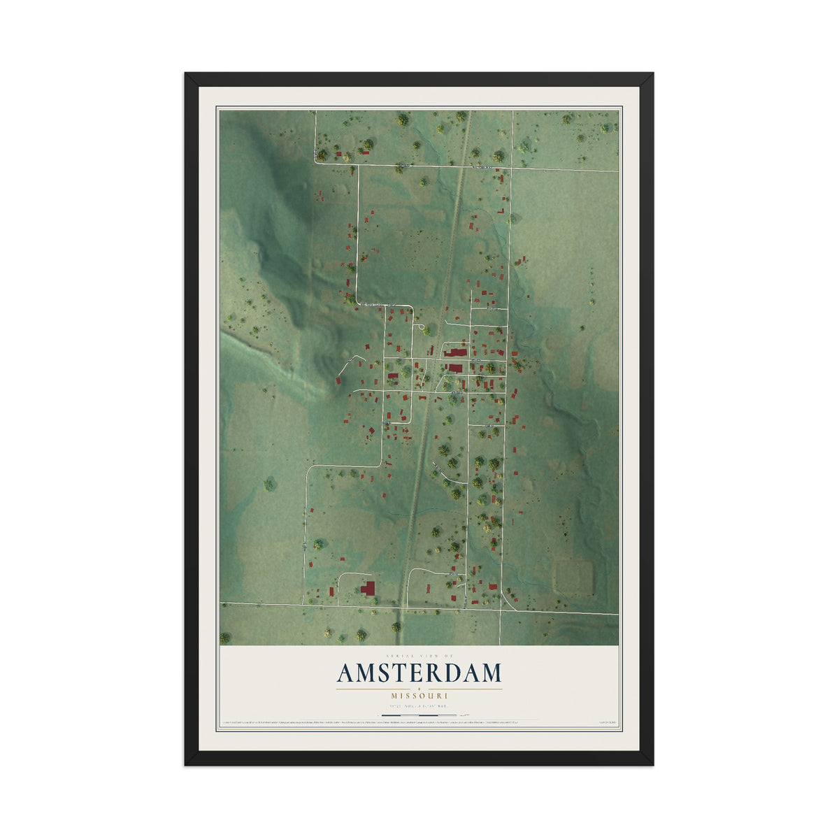Map of Amsterdam, Missouri, 12 x 18 inch print in a black wood frame