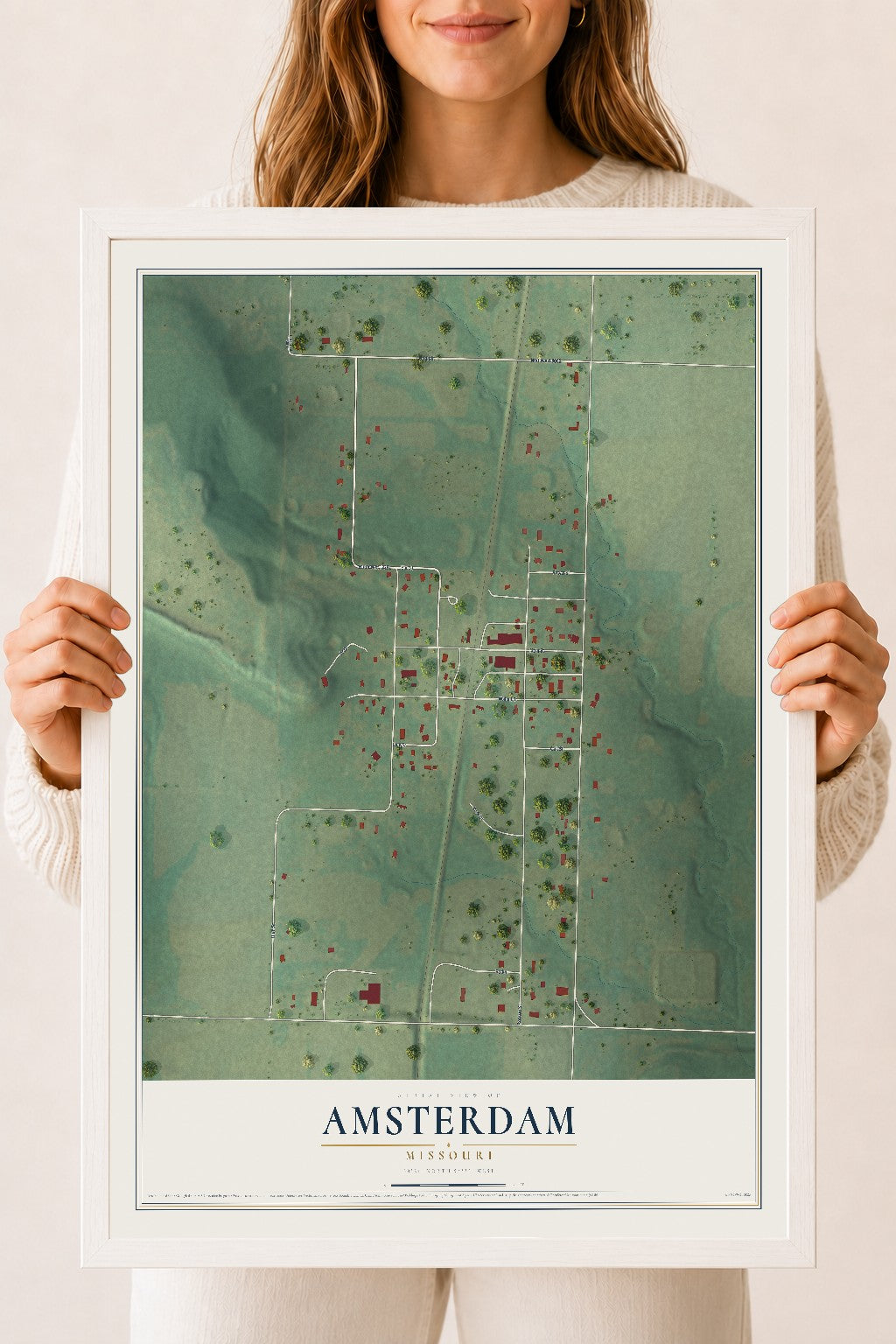 Map of Amsterdam, Missouri, 18 x 24 inch print in a white wood frame