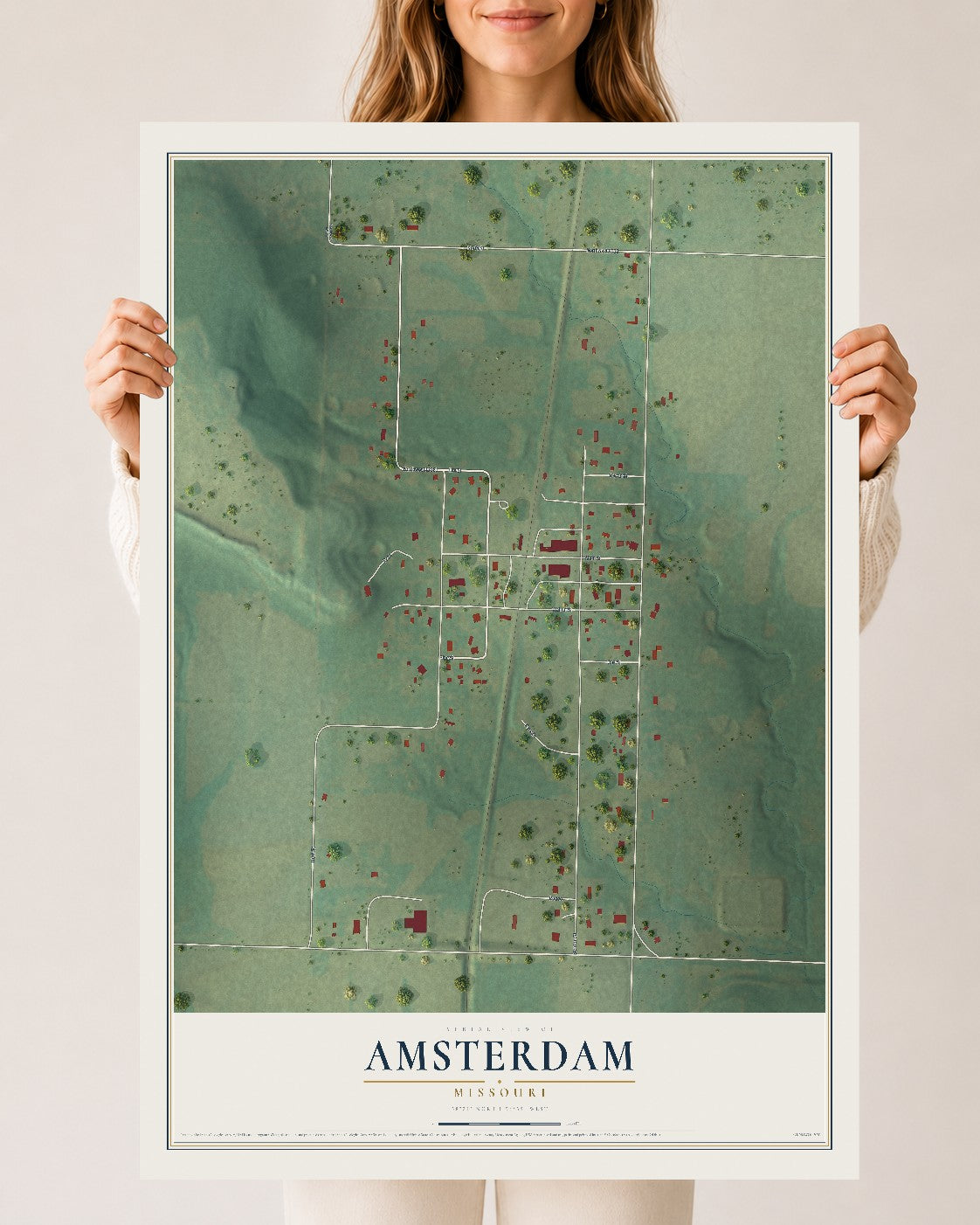 Map of Amsterdam, Missouri, 24 x 36 inch unframed archival matte print